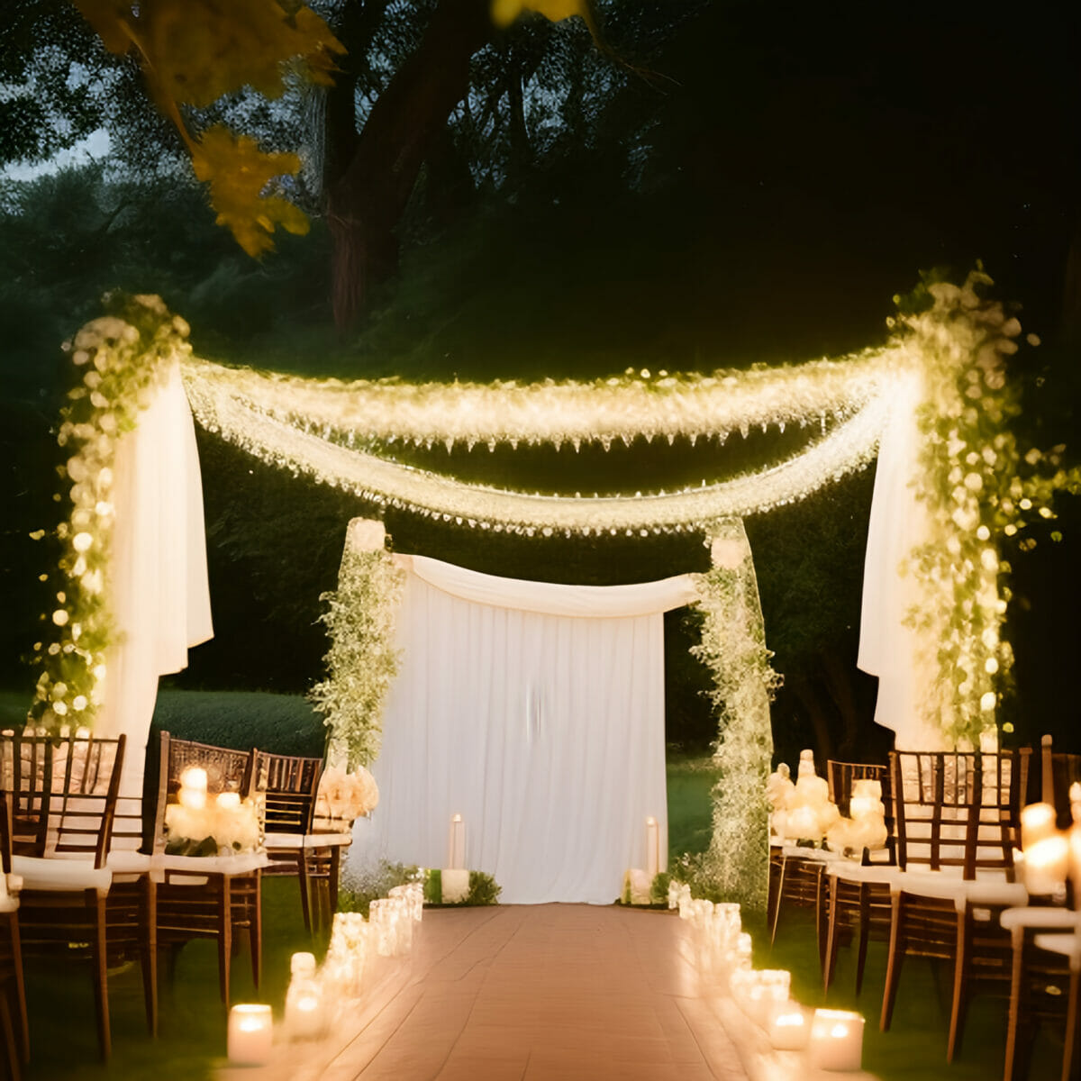 A simple outdoor setup with string lights and candles for a rustic lowkey wedding