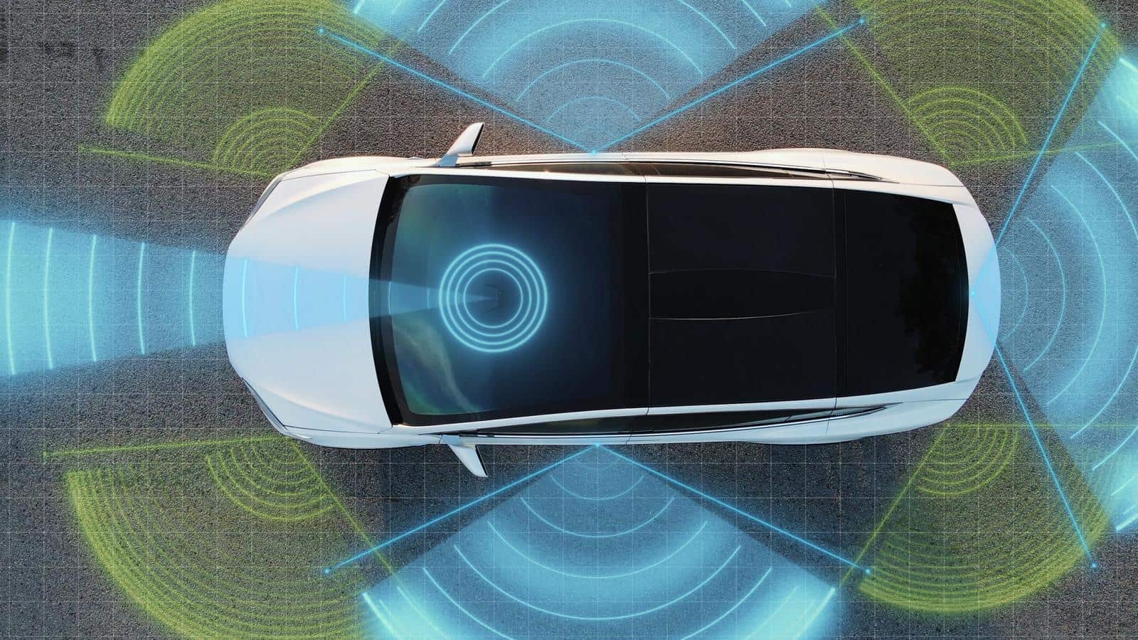 48832644 Self Driving Autopilot Car Technologies Radar 360 Sensor Cameras Laser Artificial Intelligence Digitalizes And Analyzes Road Sensor